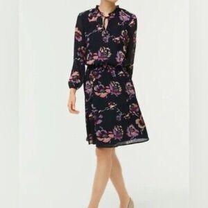 J Crew Factory Size S Tie Neck Midi Dress Smocked Waist Floral Long Sleeve